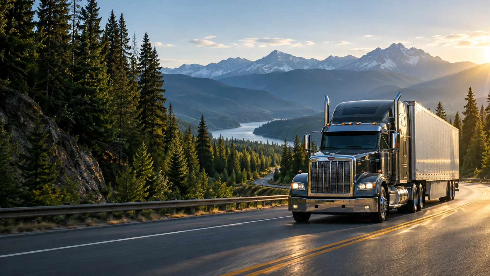 A charcoal semi-truck in morning sunlight on a mountain highway