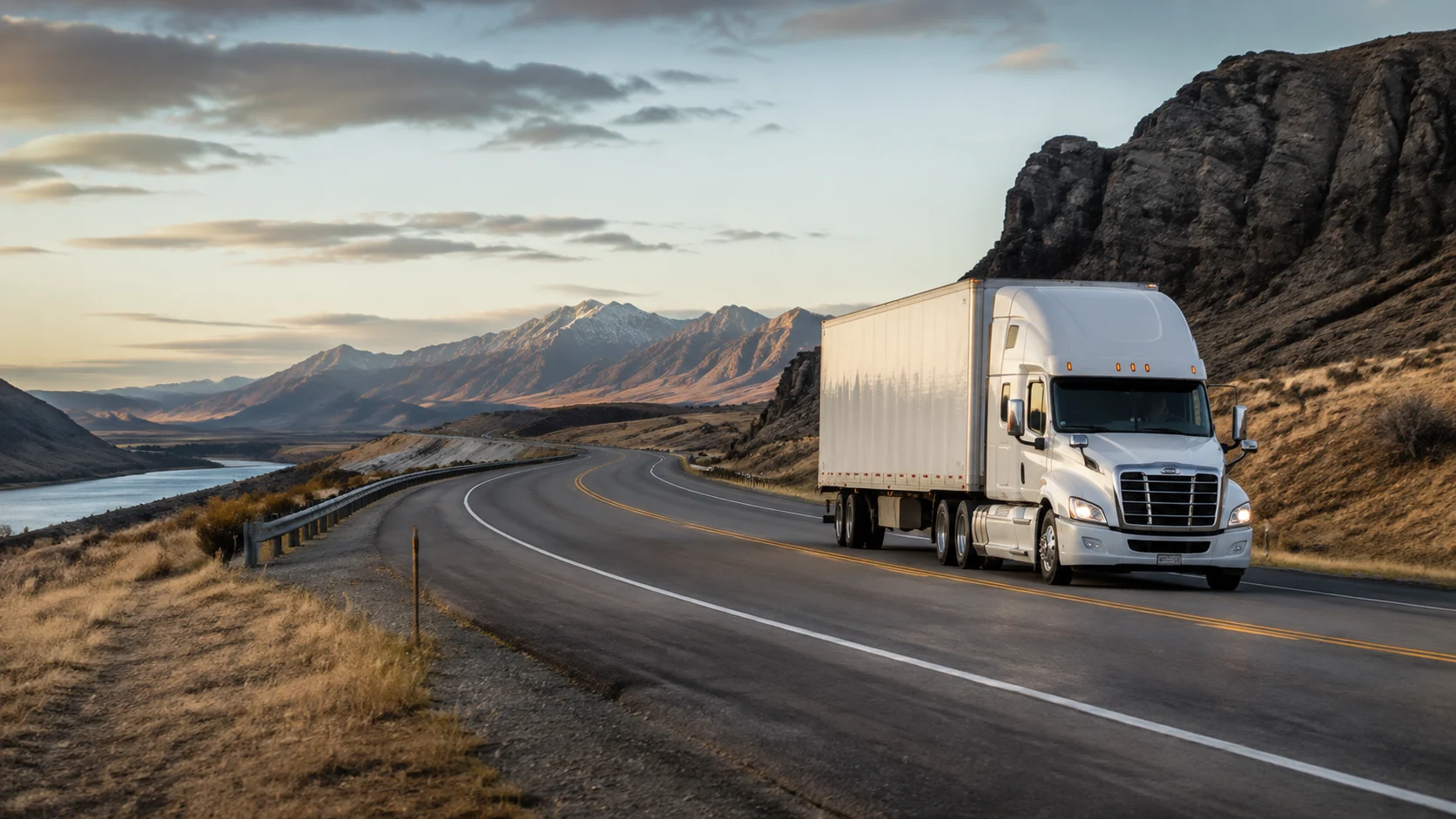 A truck on a highway through mountain scenery